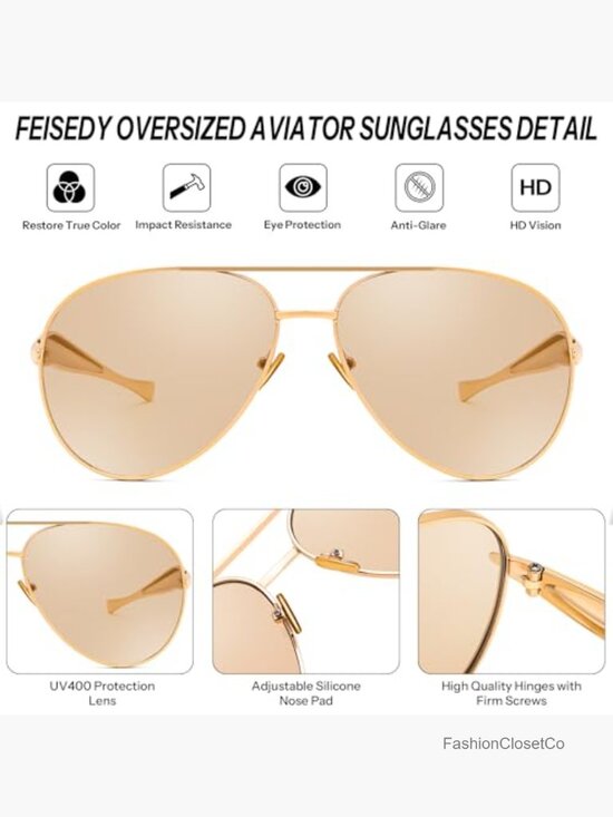 Retro Oversized Aviator Sunglasses - Gold Metal Frame UV400 Driving